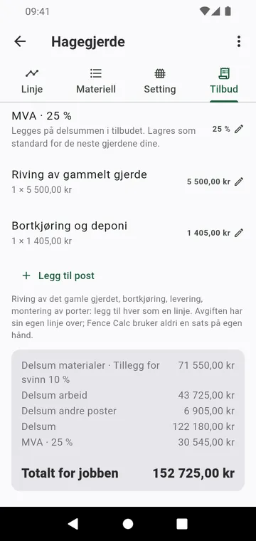 Tilbudssteget: arbeid, andre poster, avgift og totalt for jobben
