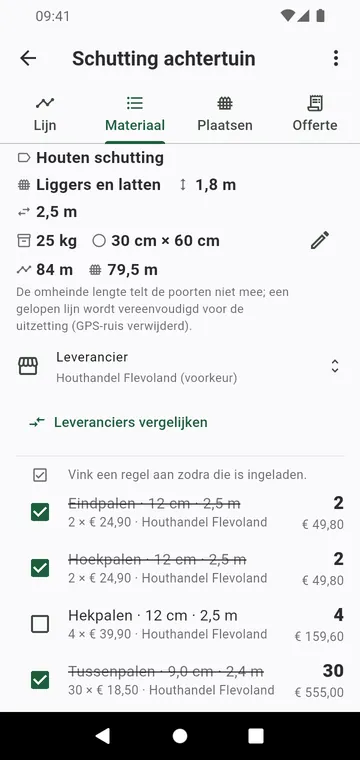 De materiaallijst: palen per soort, panelen, zakken beton, met prijzen