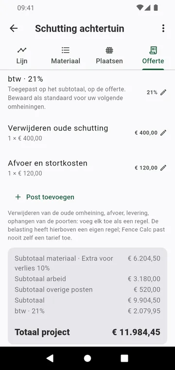 De stap Offerte: arbeid, overige posten, belasting en het totaal van het project
