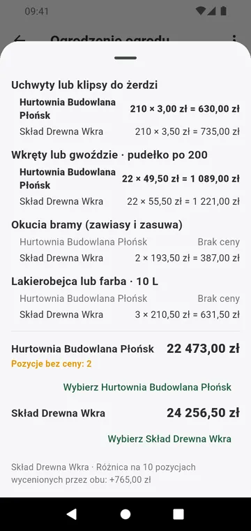 Dwóch dostawców porównanych pozycja po pozycji