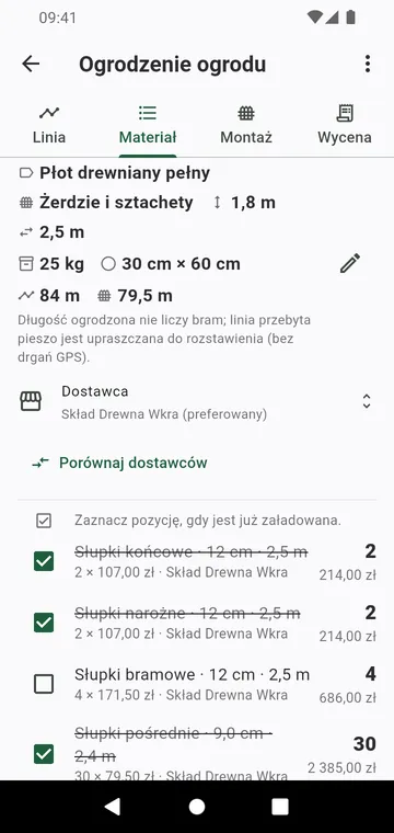 Lista materiałów: słupki według rodzaju, panele, worki betonu, z cenami