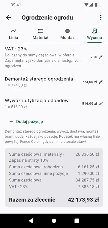 Krok Wycena: robocizna, inne pozycje, podatek i suma za zlecenie