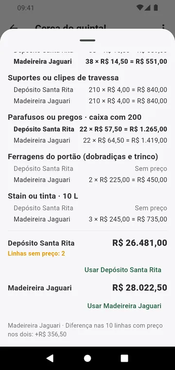 Dois fornecedores comparados linha a linha