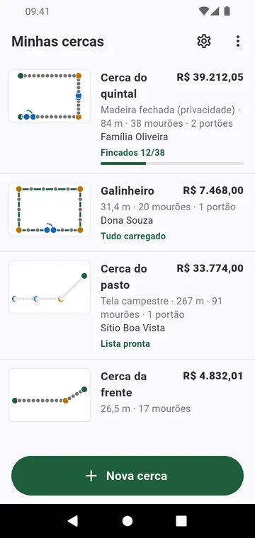 Minhas cercas: cada cerca com o seu desenho e o seu total