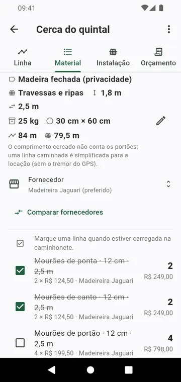 A lista de material: mourões por tipo, painéis, sacos de concreto, com preços