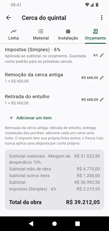 A etapa Orçamento: mão de obra, outros itens, imposto e total da obra