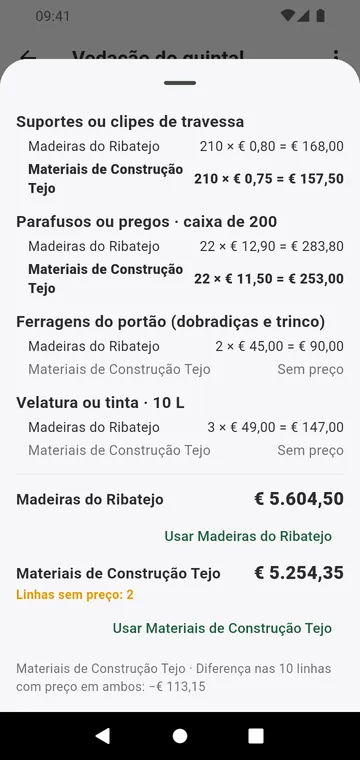 Dois fornecedores comparados linha a linha