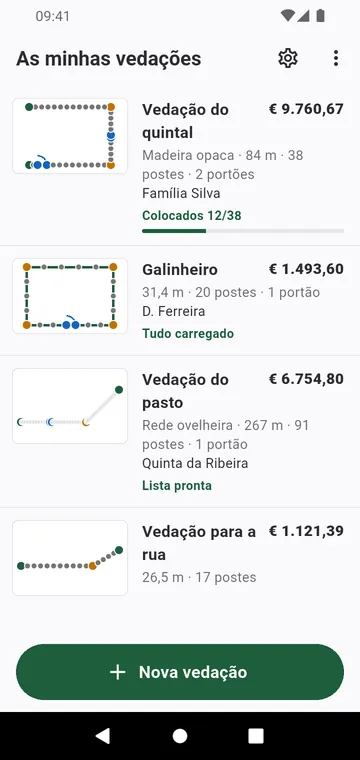 As minhas vedações: cada vedação com o seu desenho e o seu total