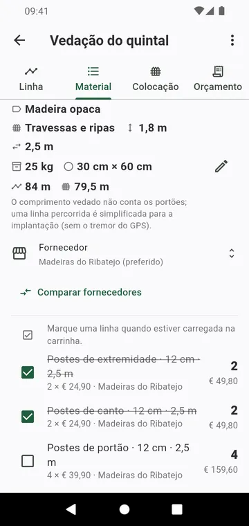 A lista de material: postes por tipo, painéis, sacos de betão, com preços