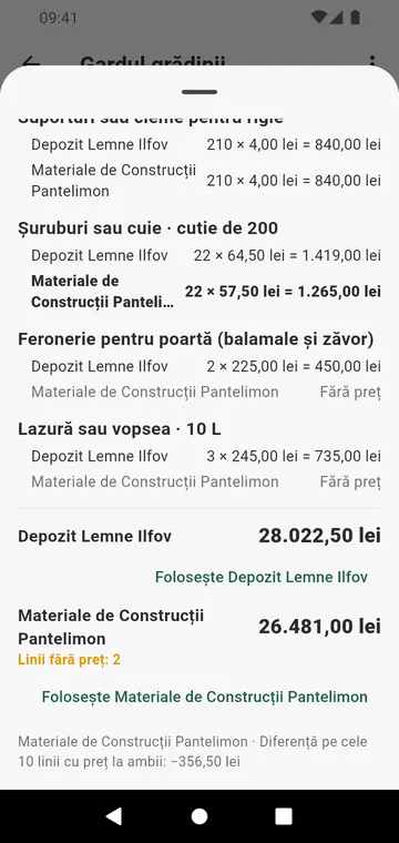 Doi furnizori comparați linie cu linie