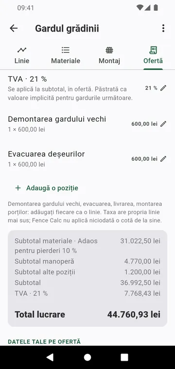 Pasul Ofertă: manoperă, alte poziții, taxă și totalul lucrării