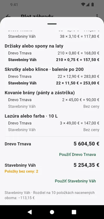 Dvaja dodávatelia porovnaní riadok po riadku