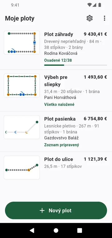 Moje ploty: každý plot so svojím nákresom a celkovou sumou
