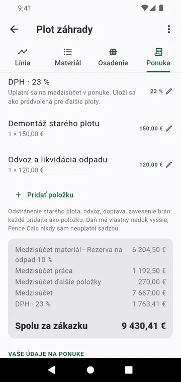Krok Ponuka: práca, ďalšie položky, daň a spolu za zákazku