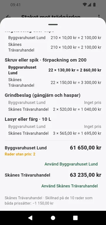 Två leverantörer jämförda rad för rad