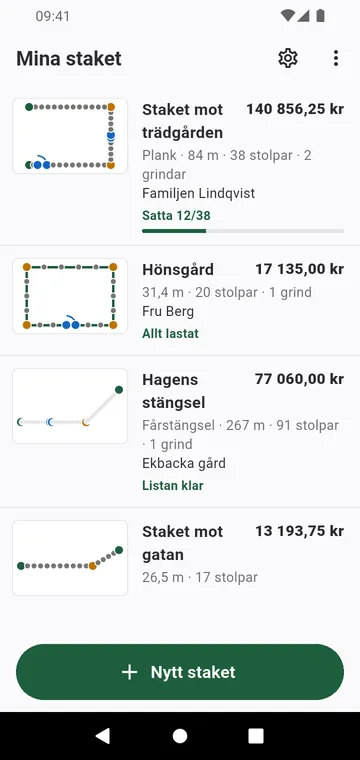 Mina staket: varje staket med sin ritning och sin total