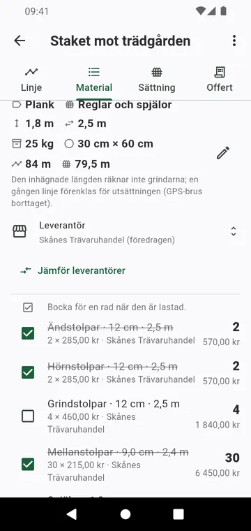 Materiallistan: stolpar efter typ, sektioner, betongsäckar, med priser
