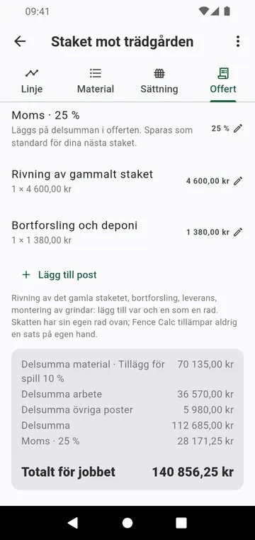 Steget Offert: arbete, övriga poster, skatt och totalen för jobbet