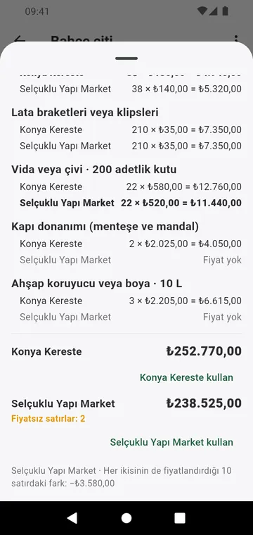 Satır satır karşılaştırılan iki tedarikçi