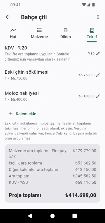 Teklif adımı: işçilik, diğer kalemler, vergi ve proje toplamı