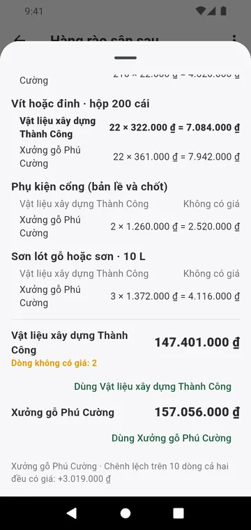 Hai nhà cung cấp được so sánh từng dòng