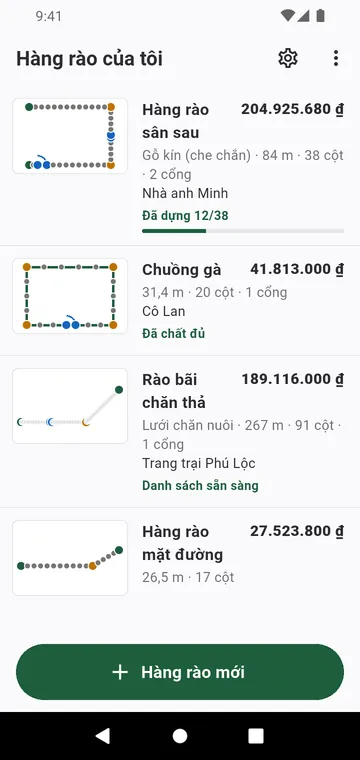 Hàng rào của tôi: mỗi hàng rào với bản vẽ và tổng tiền