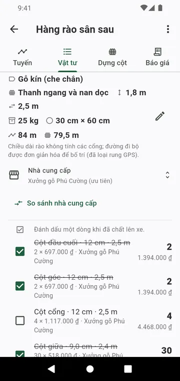 Danh sách vật tư: cột theo loại, tấm rào, bao bê tông, đã tính giá