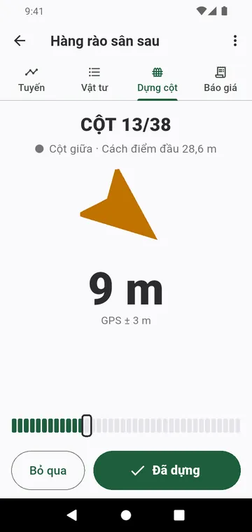 Dựng cột: cột tiếp theo cần dựng, với mũi tên và khoảng cách