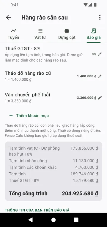 Bước Báo giá: nhân công, các khoản khác, thuế và tổng công trình