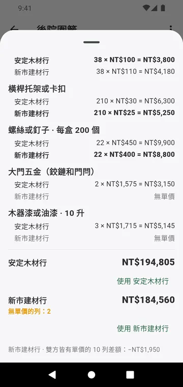 兩家供應商逐行比價