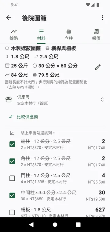 材料清單:依類型計數的立柱、圍籬板、水泥袋數,皆已標價